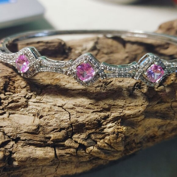 Pink Ruby Gemstone Bracelet Silver Plated Vintage Safety Hinged Prong Rhinestone - Picture 10 of 11